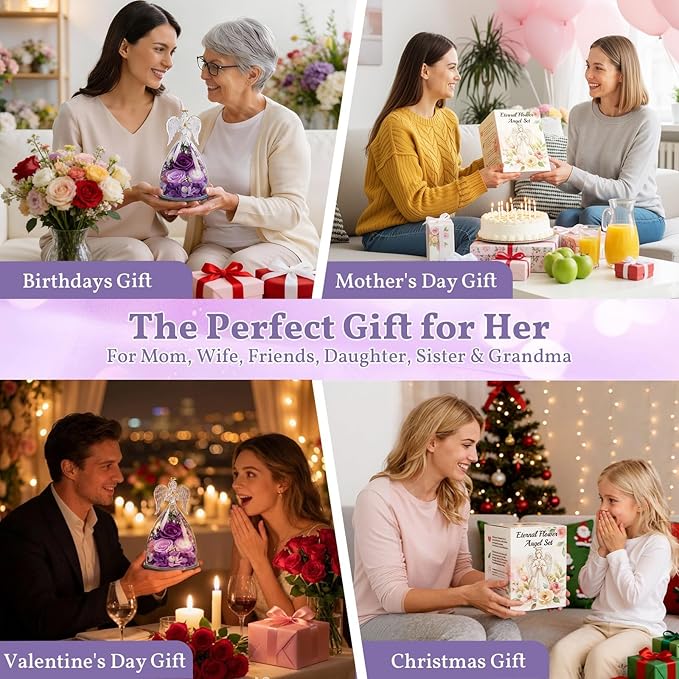TranquilBliss Gifts for Mom, Flowers for Mother’s Day, Preserved Rose in Glass Dome with Light, Angel Figurines for Her Birthday, Valentine’s Day for Wife, Grandma, Women - Purple