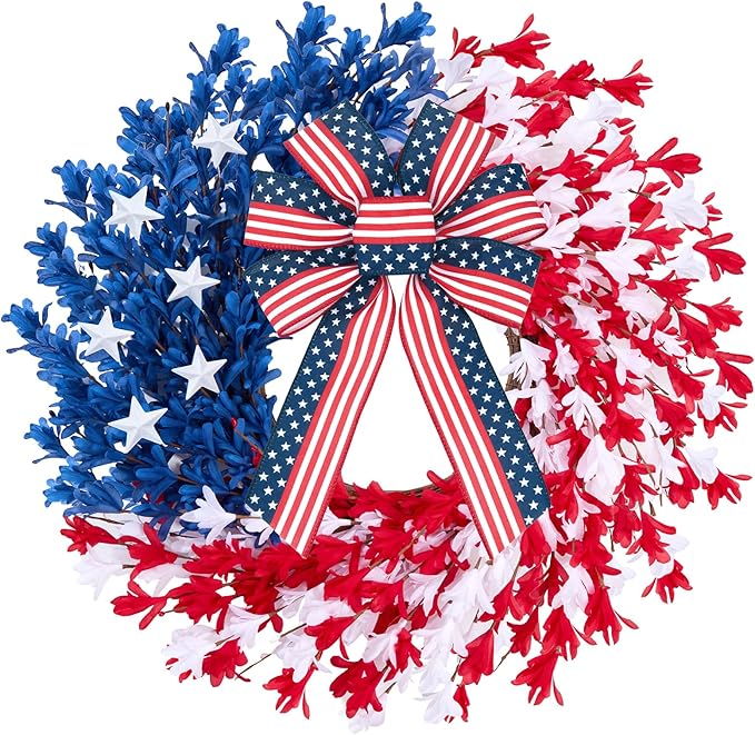 22 inch Patriotic Wreath, 4th of July Wreaths for Front Door, Red White Blue Anniversary Independence Day Memorial Day Wreath Indoor Outdoor Decor