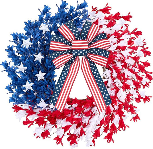 22 inch Patriotic Wreath, 4th of July Wreaths for Front Door, Red White Blue Anniversary Independence Day Memorial Day Wreath Indoor Outdoor Decor