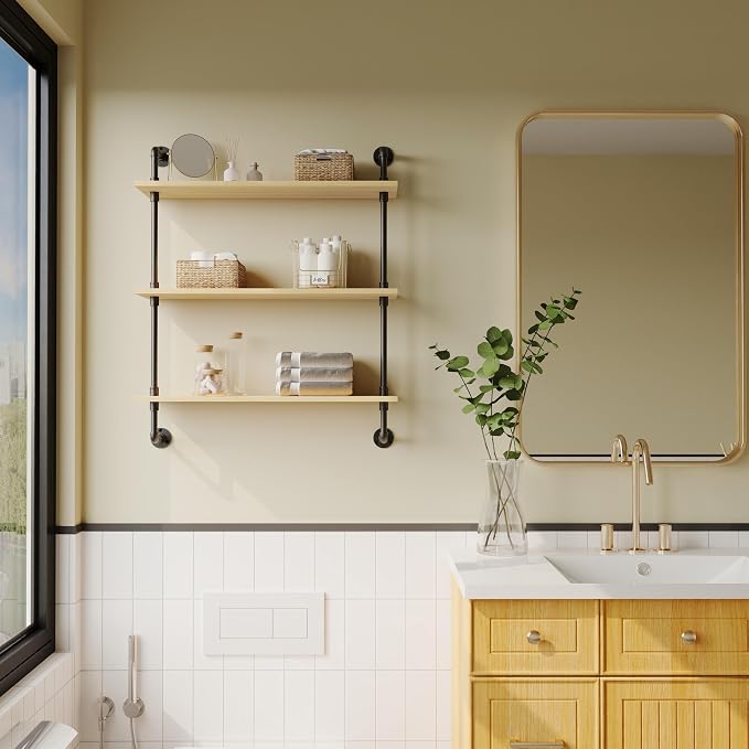 3-Tier Industrial Pipe Floating Shelf – Rustic 24 inch Wood Wall-Mounted Storage Shelf for Kitchen Office,Bathroom & Home Decor -White Oak