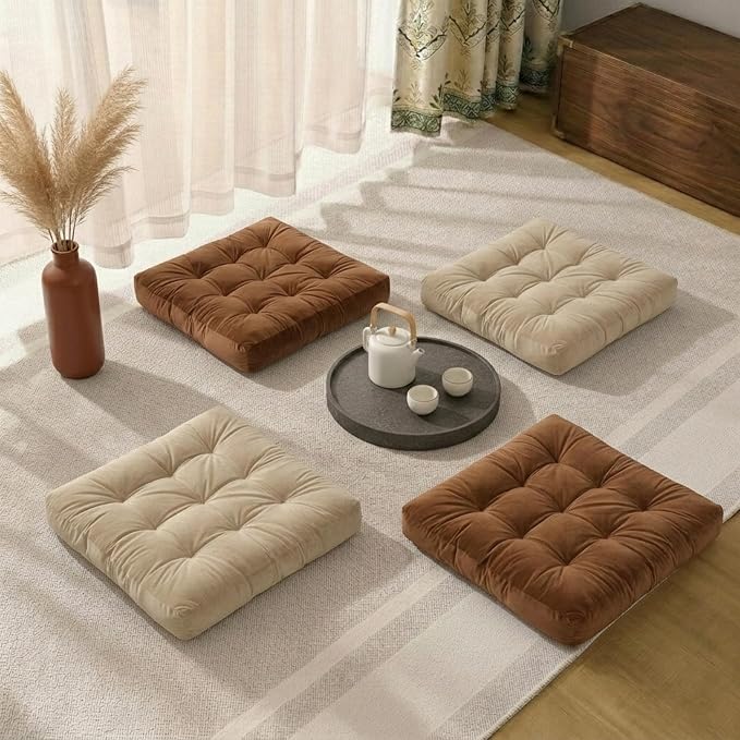 Floor Pillows for Adults Set of 2, Soft Velvet Floor Cushions for Sitting, Square Tufted Floor Pillow Set for Reading Nook, Living Room, Bedroom, 22 x 22 Inch, Beige