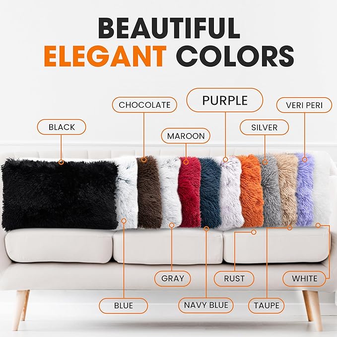 Cheer Collection Throw Pillows for Couch and Bed, Soft Shaggy Throw Pillows with Inserts Included, Cozy Long Hair Faux Fur Pillows - Set of 2-12" x 20" - Purple