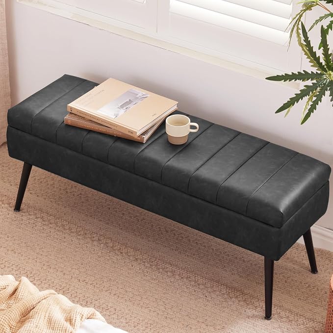 Storage Ottoman Bench, 43.5" Faux Leather Upholstered Entryway Bench, Long Ottoman with Storage for Living Room, Support 660lbs - Black