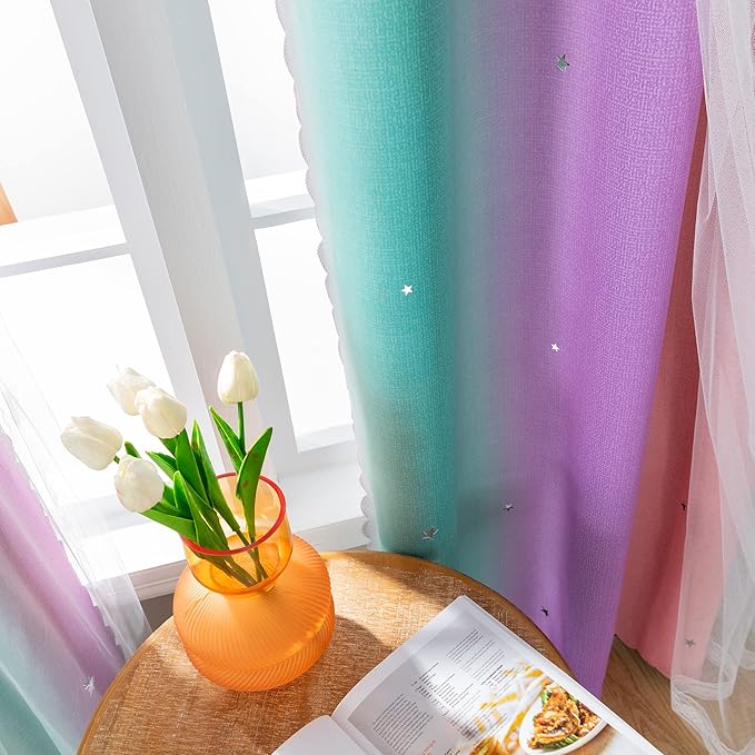 XiDi Curtains for Girls Bedroom, Full Blackout for Kids Room, Colorful Rainbow Design, Unicorn Wall Decor Pink Ombre Curtains Princess Room 72 Inches Long 34 Wide 2 Panel Sets Pink Purple Green
