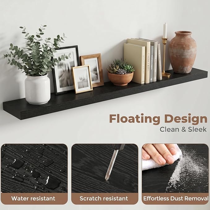 72 Inch Floating Shelves for Wall, 8"D Wood Storage Shelves, Black Finish | Engineered Wood, Invisible Bracket, Large Storage, Easy Install, Hold Up to 99lbs, Living Room, Bathroom, Bedroom, Kitchen