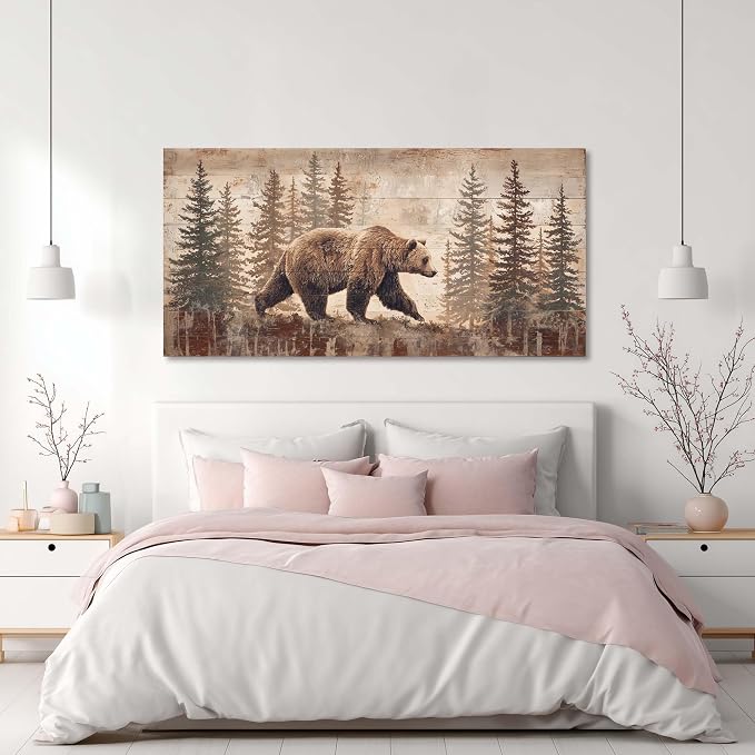 Ggaafet Brown Bear Forest Wall Art for Living Room Canvas Painting Prints Retro Wood Rustic Wildlife Art Deco Vintage Nature Artwork Office Bedroom Farmhouse Dining Room Decor Large