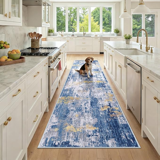 RELEANY Washable Area Rugs 3x9 Non-Slip Modern Abstract Soft for Living Room Entryway Bedroom Nursery, Print Pattern, Grey Blue Gold/Golden