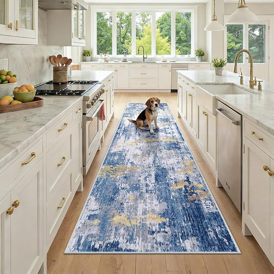 RELEANY Washable Area Rugs 3x9 Non-Slip Modern Abstract Soft for Living Room Entryway Bedroom Nursery, Print Pattern, Grey Blue Gold/Golden