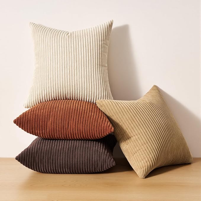 Topfinel Set of 4 Soft Farmhouse Corduroy Striped Decorative Cushion Cover Boho Throw Pillow Covers 22x22 Inch Beige Brown Gradient Rustic Pillow Case for Sofa Couch Living Room Bedroom