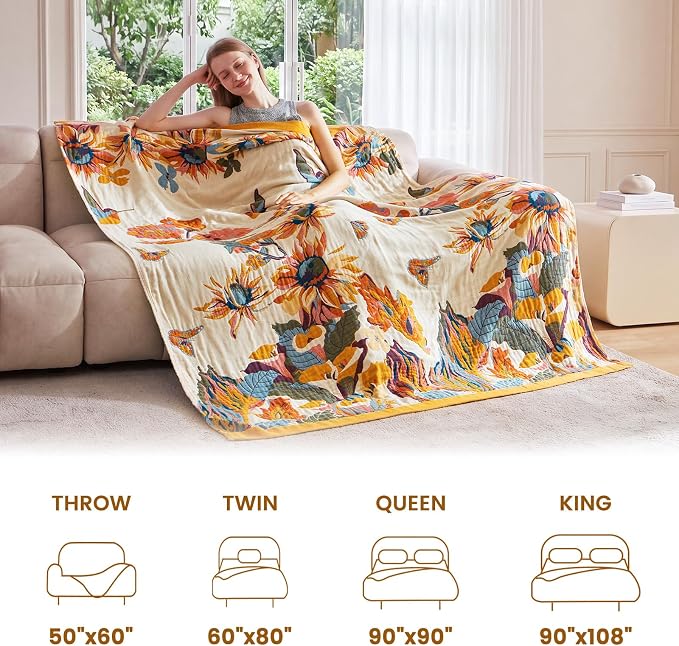 MSGKV 100% Cotton Throw Blanket for Bed Couch Fall 90''x 98'' Super Soft Muslin Blankets Warm Boho Quilt Lightweight Farmhouse Decorative Bed Blankets
