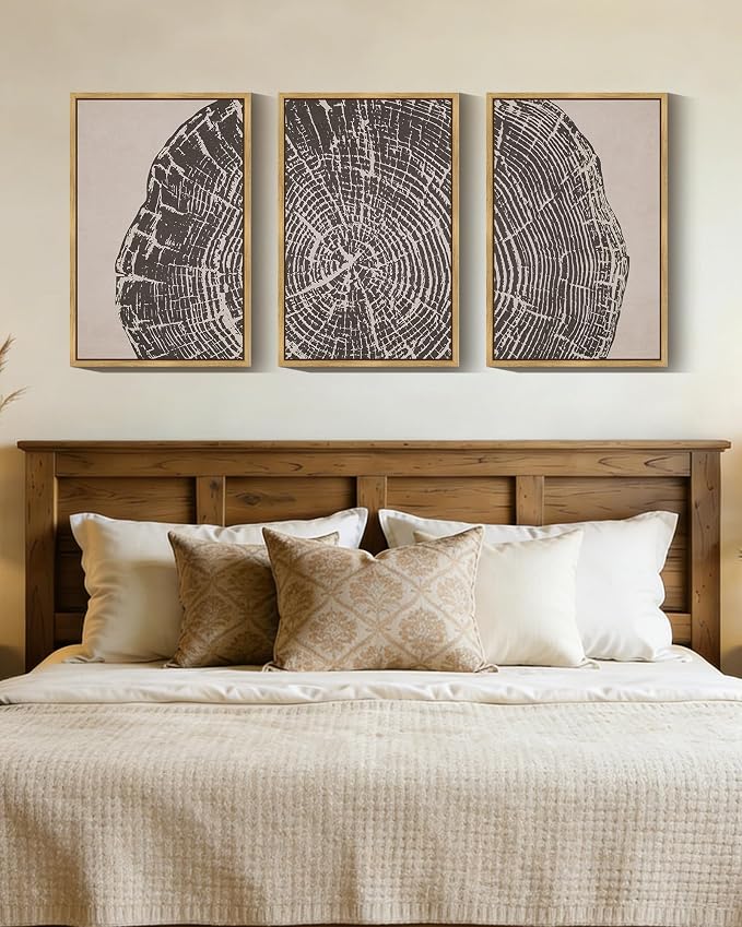 PHOPAGO Farmhouse Vintage Framed Wall Art Large 16x24in Set Gray Wood Tree Ring Spirals Nature Abstract Drawings Rustic Modern Art Decor for Living Room Bedroom - Natural Framed