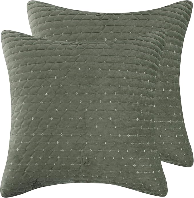 Levtex Home - Velvet Stitch - Euro Sham Set of 2 - Cross Stitch - Green and White - (26x26in.), No Insert - Polyester