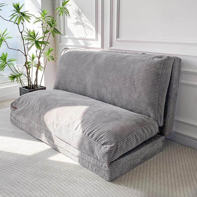 MAXYOYO Folding Sofa Bed, Extra Thick and Long Floor Sofa Convertible Chair with Washable Cover, Floor Couch Lounge Bean Bag Bed for Living Room, Grey, 54x91 Inch