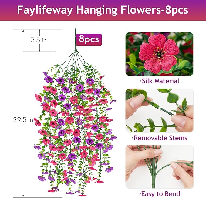 Artificial Hanging Flowers for Outdoors Spring Summer Decoration, 8PCS UV Resistant Silk Fake Hanging Plants for Patio Porch Front Yard Window Garden Indoor Decor(Purple&Hot Pink,8PCS)