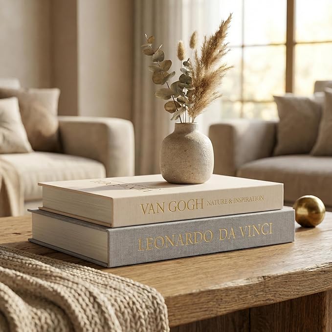 Aesthetic Decorative Books - Set of 2 Linen Boxes with Gold Lettering, Enhance Your Coffee Table, Bookshelf or Mantle Decor - Fake/Faux Books for Home Decoration, Photo & Keepsake Storage