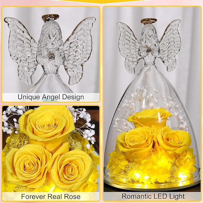 Mothers Day Rose Gifts for Women Preserved Real Flower in Glass Angel Figurines Roses for Delivery Prime Birthday Gifts for Mom Grandma Girlfriend Wife Her, Yellow