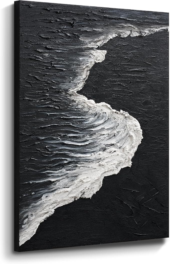 Abstract Black & White Ocean Wave Wall Art, Vertical Textured Oil Painting | Hand-Painted Modern Minimalist Artwork for Living Room Bedroom Office, Large Coastal Wall Decor Inspired by Shoreline Rhythm