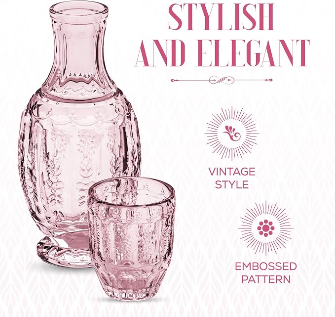 Elle Décor Vintage Bedside Water Carafe With Tumbler – Elegant Pitcher and Matching Drinking Glass Doubles As Lid For Guest Room, Office-Makes A Gift, 4.7x10.4, Pink