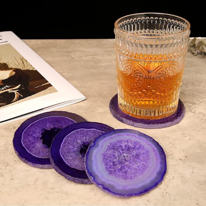 Natural Purple Agate Coasters for Drinks Set of 4 | Natural Stone Drink Coasters, Decorative Table Coasters for Coffee Table, Bar or Desk, Housewarming Gift