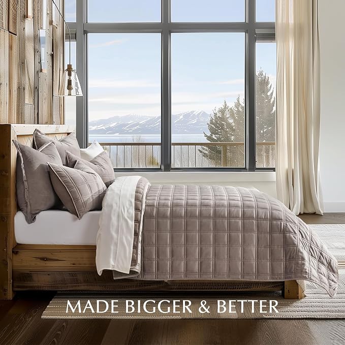 EverGrace 3 Pieces Luxurious Velvet Quilt Queen Size, Ultra Soft Bedspread Coverlet Set, Double Box Stitch Lightweight Velvet Comforter for All Season with 2 Shams, Truffle Taupe, 92"x96"