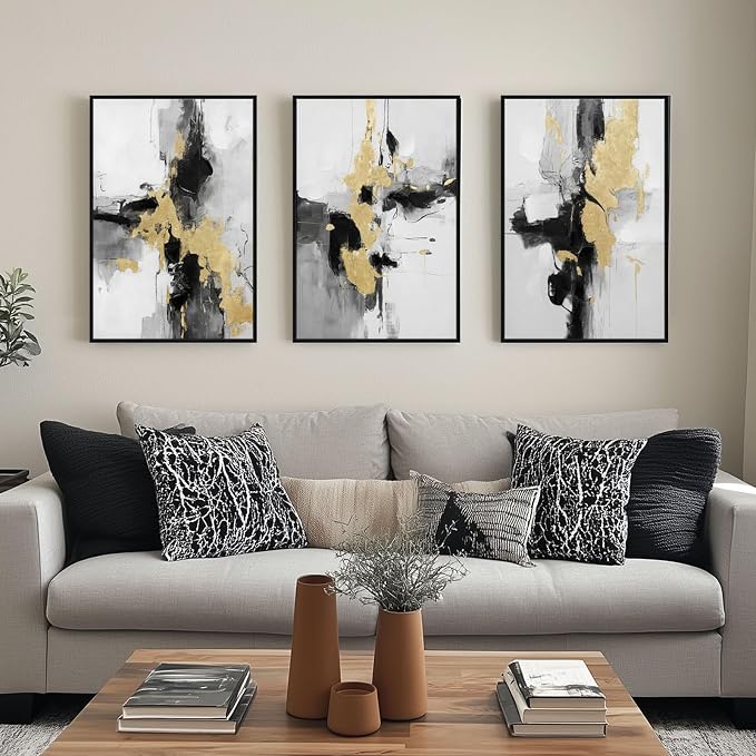 SAFERRYHOME Abstract Textured Framed Canvas Wall Art, Neutral Minimalist Wall Decor Modern Art Prints, Black Gold Wall Painting Artwork Pictures for Living Room,Bedroom,Dining Room,Office, 16"x24"x3
