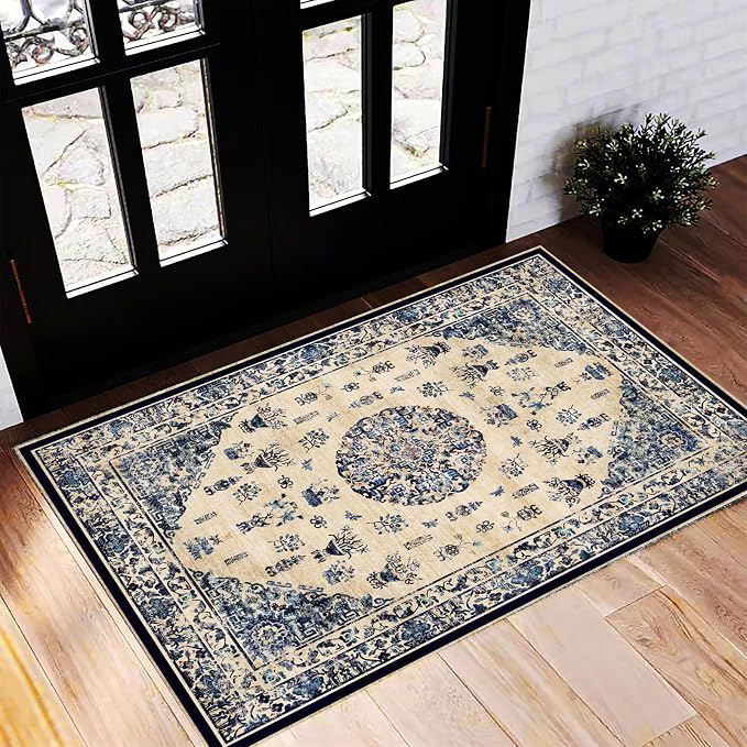 CHAMPLANT Washable Area Rug 2'x3' Door Mat Vintage Distressed Doormat Indoor Entrance Traditional Thin Rug Floral Print Non Slip Carpet for Kitchen Bathroom Bedroom Living Room