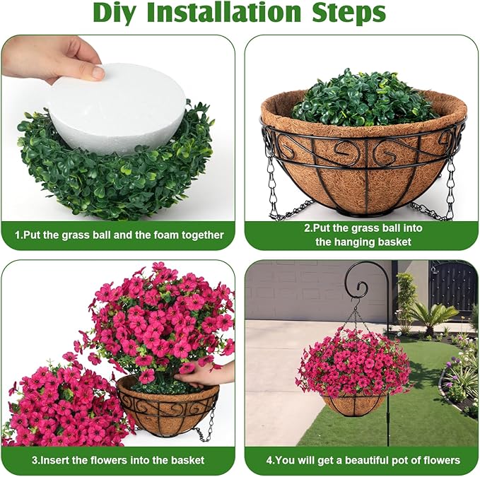 Ouddy Decor Artificial Hanging Flowers with Basket, Fake Hanging Plants with Faux Silk Flowers UV Resistant for Outdoors Indoors Spring Summer Porch Patio Balcony Yard Home Decorations, Fuchsia
