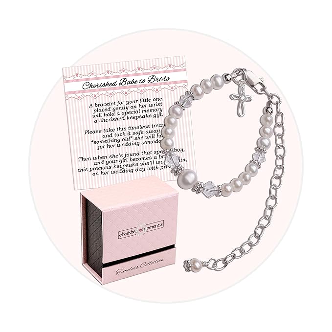 Cherished Moments Babe to Bride Keepsake Cross Bracelet Baptism Gift for Infant Newborn Baby Girl in 925 Sterling Silver with Cultured Pearls