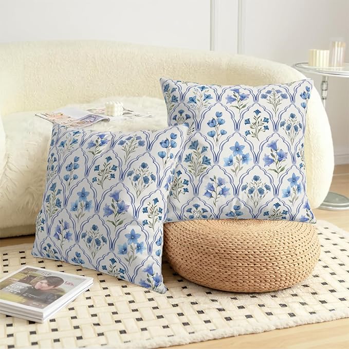 Blue Green Flower Block Print Pillow Covers Spring Summer Rustic Boho Throw Pillow Covers 18x18 Vintage Floral Pillow Cases for Home Farmhouse Bed Sofa Couch Decor 2 Pack