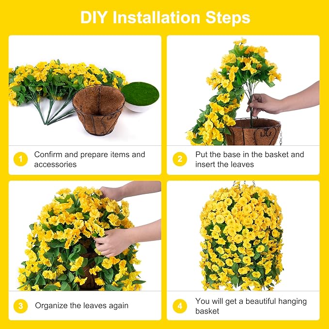 Ammyoo Artificial Faux Hanging Flowers Basket for Spring Summer Outdoor Porch Decor, Fake Silk Colorful Morning Glory Eucalyptus in Planter UV Resistant Look Real for Home Balcony Yard(Yellow)