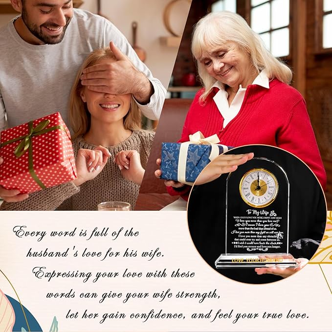Gifts for Wife from Husband - Crystal Clock, Birthday, Wedding Anniversary Marriage Gifts Idea - to My Wife Clock Presents for Valentines Mother's Day (8.8'' Gift Boxed)