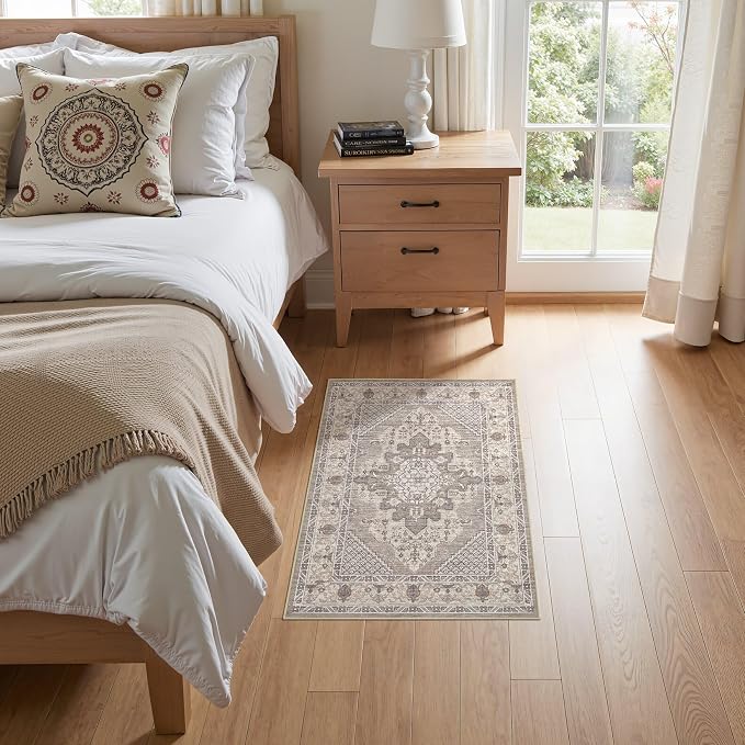 Tortania Area Rug 2x3 Doormat - Washable Vintage Oriental Farmhouse Soft Thin Indoor Carpet for Living Room Bedroom Hallway Entryway Kitchen - Taupe Brown