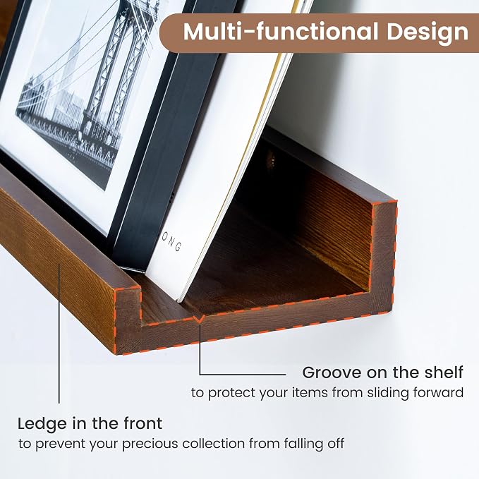FLYJOE Picture Ledge Wall Shelves 24 inch Width Set of 2, Solid Pine Wood Rustic Floating Ledge Shelves for Wall for Kids' Room Bedroom Kitchen Bathroom Living Room Nursery Display Wall Decor, Walnut