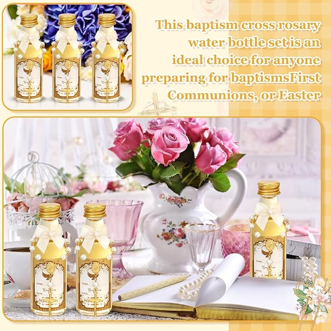 FillTouch 40 Sets Catholic Holy Water Bottle Baptism Rosary Set Baptism Favors 1.7oz Christian Water Container Empty Glass Holy Water Bottle for Easter Party Church Wedding Table Newborn (Gold)