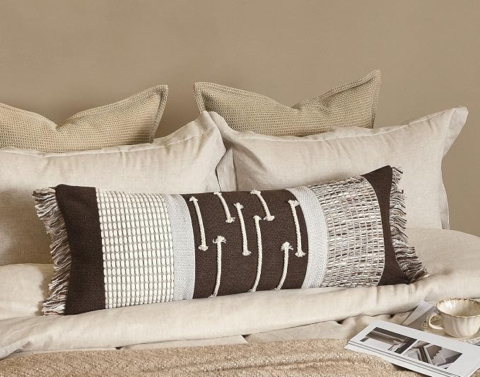 Dark Brown Boho Decorative Lumbar Pillow Cover 14x36 | Modern Farmhouse Long Lumbar Decorative Pillows Cushion Case with Handmade Drawn Work Tassel for Bed Couch
