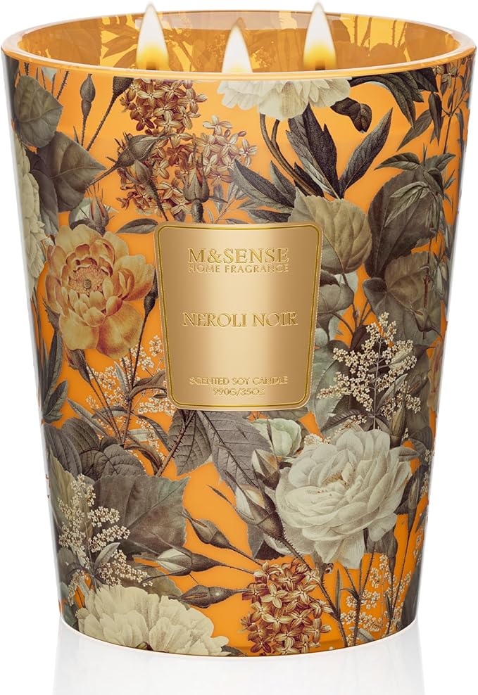 M&SENSE Neroli Noir Soy Candle, 35oz 3-Wick, Relaxation Gifts for Women | 150H Long Burn, Non-Toxic, Large Jar, Bedroom Refresh Date Night Home Fragrance, Stress Relief, Housewarming Gift