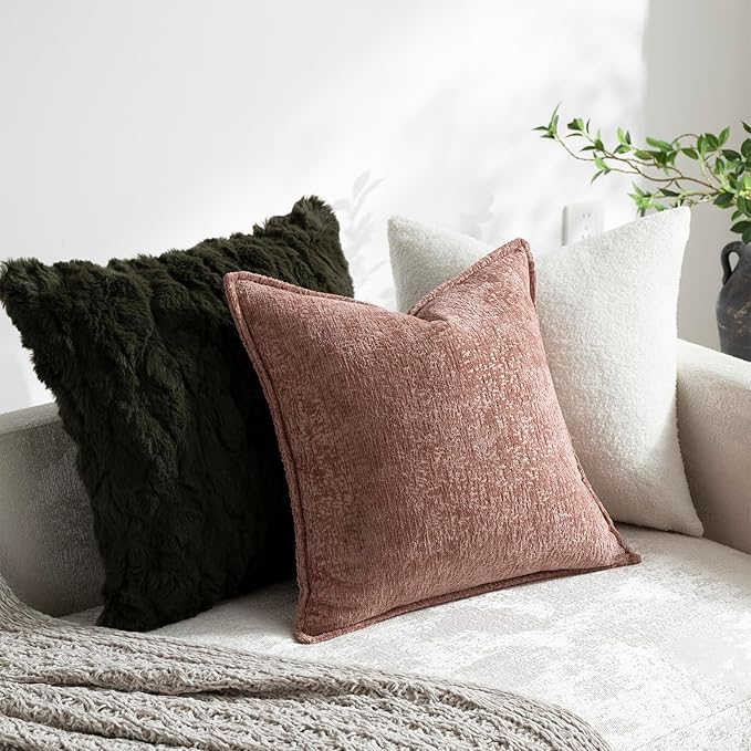 DEZENE Pack of 2 Dusty Pink Decorative Throw Pillow Covers 20x20 Cozy Soft Chenille Boho Accent Vintage Farmhouse Square Couch Pillow Covers for Home Decor Bed Sofa Living Room