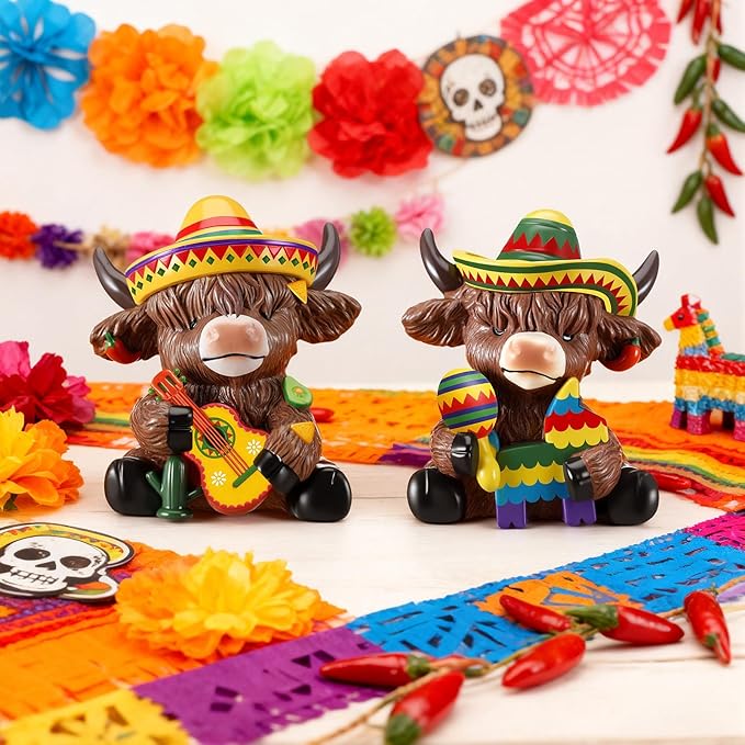 Karenhi 2 Pcs Cinco de Mayo Highland Cow Figurines, Mexican Resin Cow Gnomes Sombrero Guitar Maracas Scottish Statue Calf Lovers Gifts for Fiesta Home Garden Kitchen Office Tiered Tray Table Decor