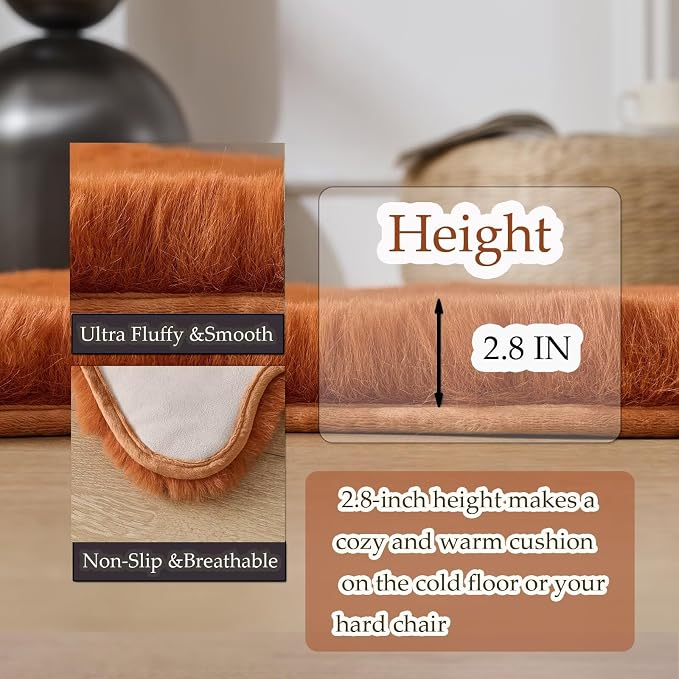 1700GSM Fuzzy Faux Sheepskin Fur Area Rug,Extra Soft Faux Fur Mat,Fluffy Shaggy Fur Rug for Bedroom Living Bedside Rug Room Decor-Burnt Orange, 2 x3 ft