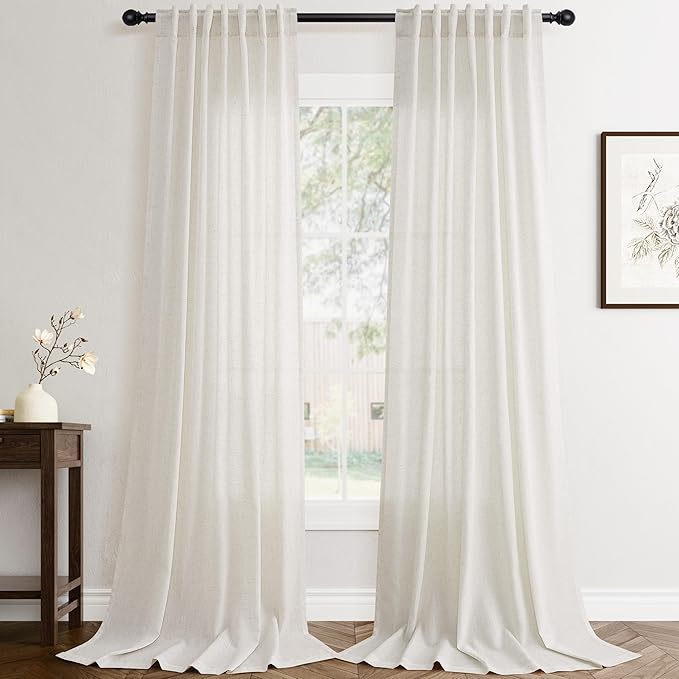 Jowels Natural Linen Curtains 105 Inch Long 2 Panels for Living Room | Ivory Light Filtering Sheer Curtain,Back Tab Pocket Pleated Look,Modern Farmhouse Textured Privacy Drapes for Bedroom Window