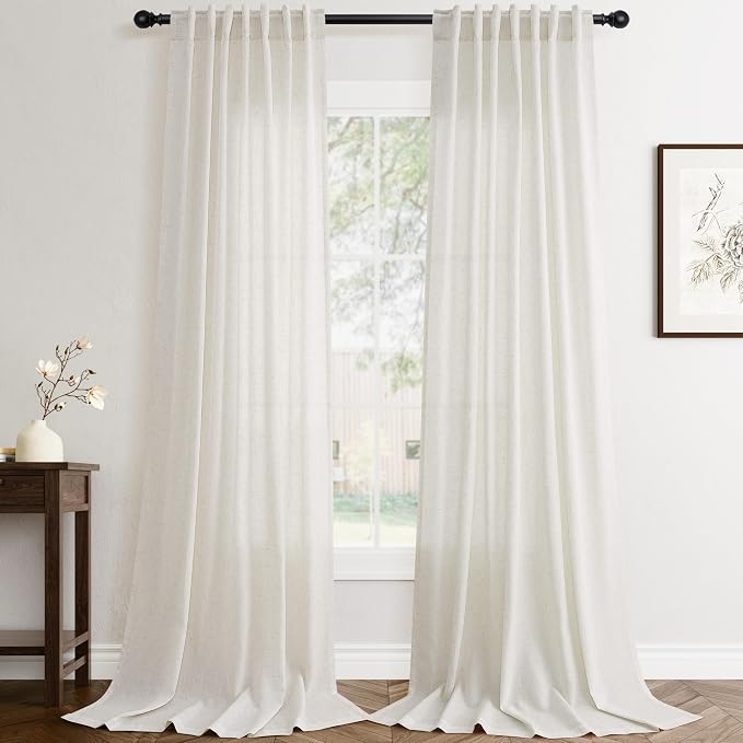 Jowels Natural Linen Curtains 92 Inch Long 2 Panels for Living Room | Ivory Light Filtering Sheer Curtain,Back Tab Pocket Pleated Look,Modern Farmhouse Textured Privacy Drapes for Bedroom Window