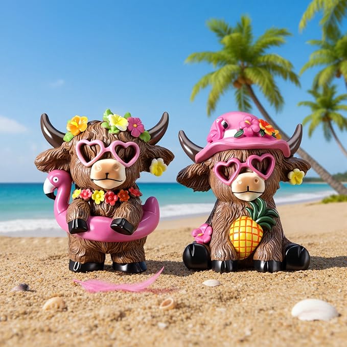 Karenhi 2 Pcs Hawaii Highland Cow Figurines Decor Summer Flamingo Resin Statue Gnomes Scottish Calf Lovers Housewarming Gifts for Coastal Garden Home Kitchen Office Tiered Tray Table Decor