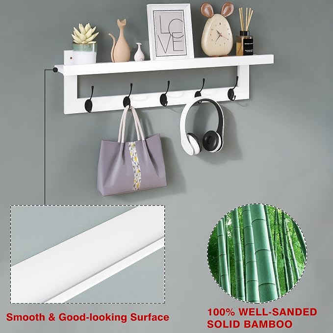 SMIBUY Coat Hooks with Shelf Wall-Mounted, 29.2 Inch Entryway Coat Rack for Wall, Bamboo Hanging Shelf with 5 Double Metal Hooks for Bathroom, Bedroom, Kitchen, Living Room (White + Black)