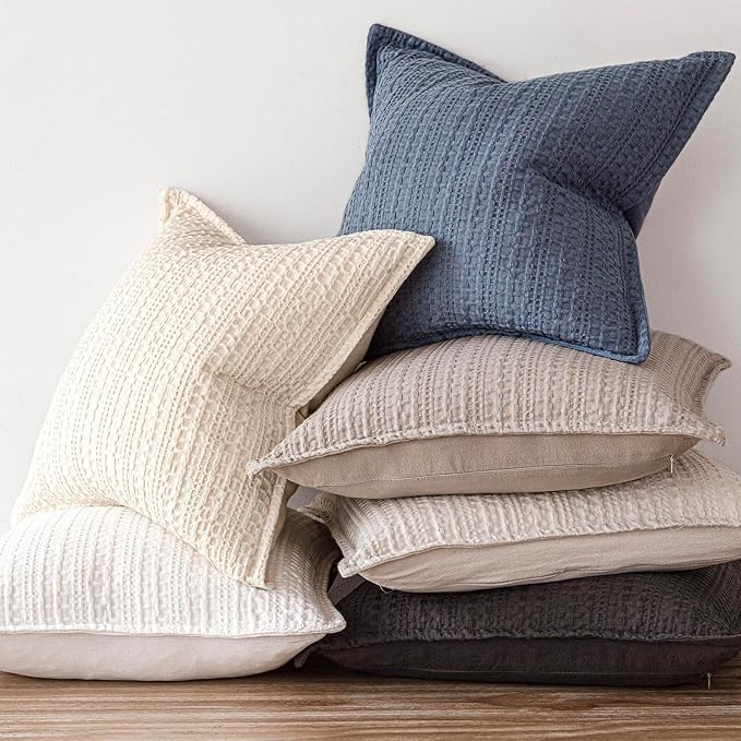 Foindtower Set of 2 Decorative Cotton Waffle Weave Throw Pillow Covers Euro Shams Cushion Covers Accent European Pillowcase for Bed Couch Sofa Bedroom Living Room Home Decor 26×26 Inch Blue