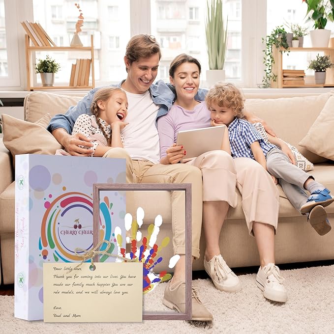 CHERRY CHEERS Family Handprint Kit, DIY Craft Keepsake Wooden Frame, Endless Gift Set, Non-Toxic Paints, Transparent Sheets (Brown)