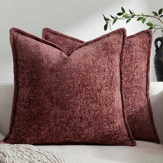DEZENE Pack of 2 Christmas Burgundy Fall Decorative Throw Pillow Covers 16x16 Cozy Soft Chenille Accent Vintage Square Couch Pillow Covers for Home Decor Bed Sofa Living Room