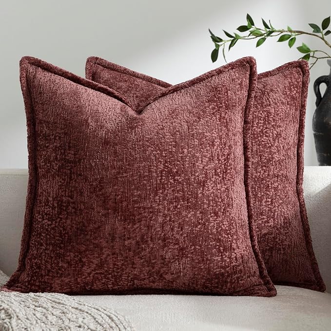 DEZENE Pack of 2 Christmas Burgundy Fall Decorative Throw Pillow Covers 18x18 Cozy Soft Chenille Accent Vintage Square Couch Pillow Covers for Home Decor Bed Sofa Living Room
