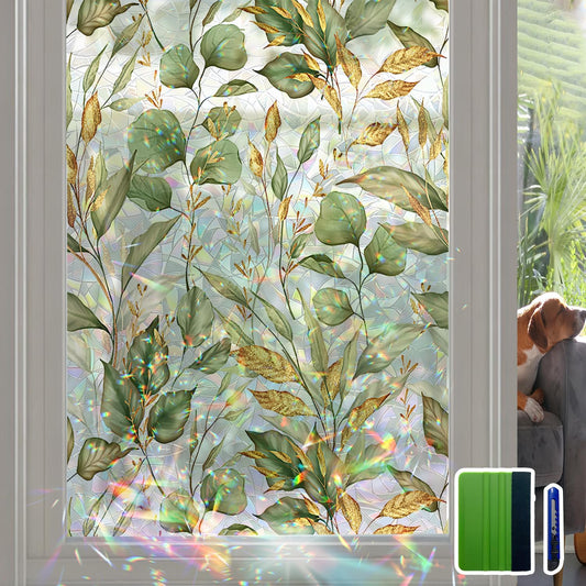 Rainbow Window Privacy Film with Tools, 3D Stained Glass Window Film, Spring & Autumn Leaves, 16.93" x 157.48"(43X400CM)