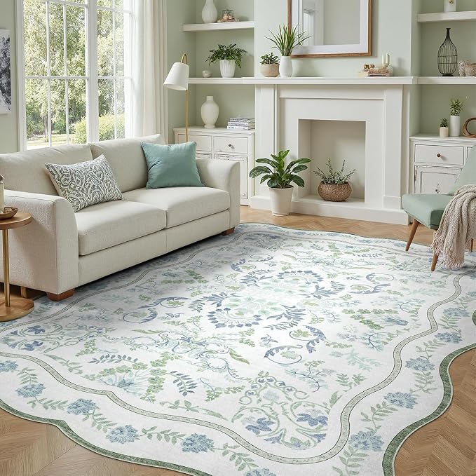 DCX Green and Blue 6x9 Rug, Kid & Pet Friendly with Rubber Back Non Slip, Washable Stain Resistant Botanical Scalloped Rug for Living Room, Bedroom, Soft Low Pile Large Nursery Carpet