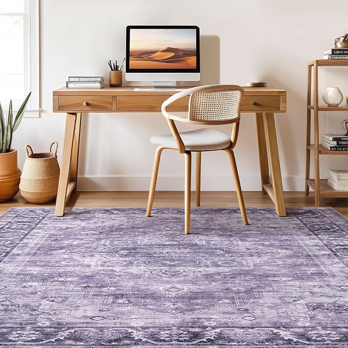 8x10 Area Rugs Living Room: Washable Boho Large Neutral Vintage Soft Rug Stain Resistant Farmhouse Non-Slip Indoor Floor Carpet for Bedroom Nursery Kids Playroom Office Dining Room- Purple